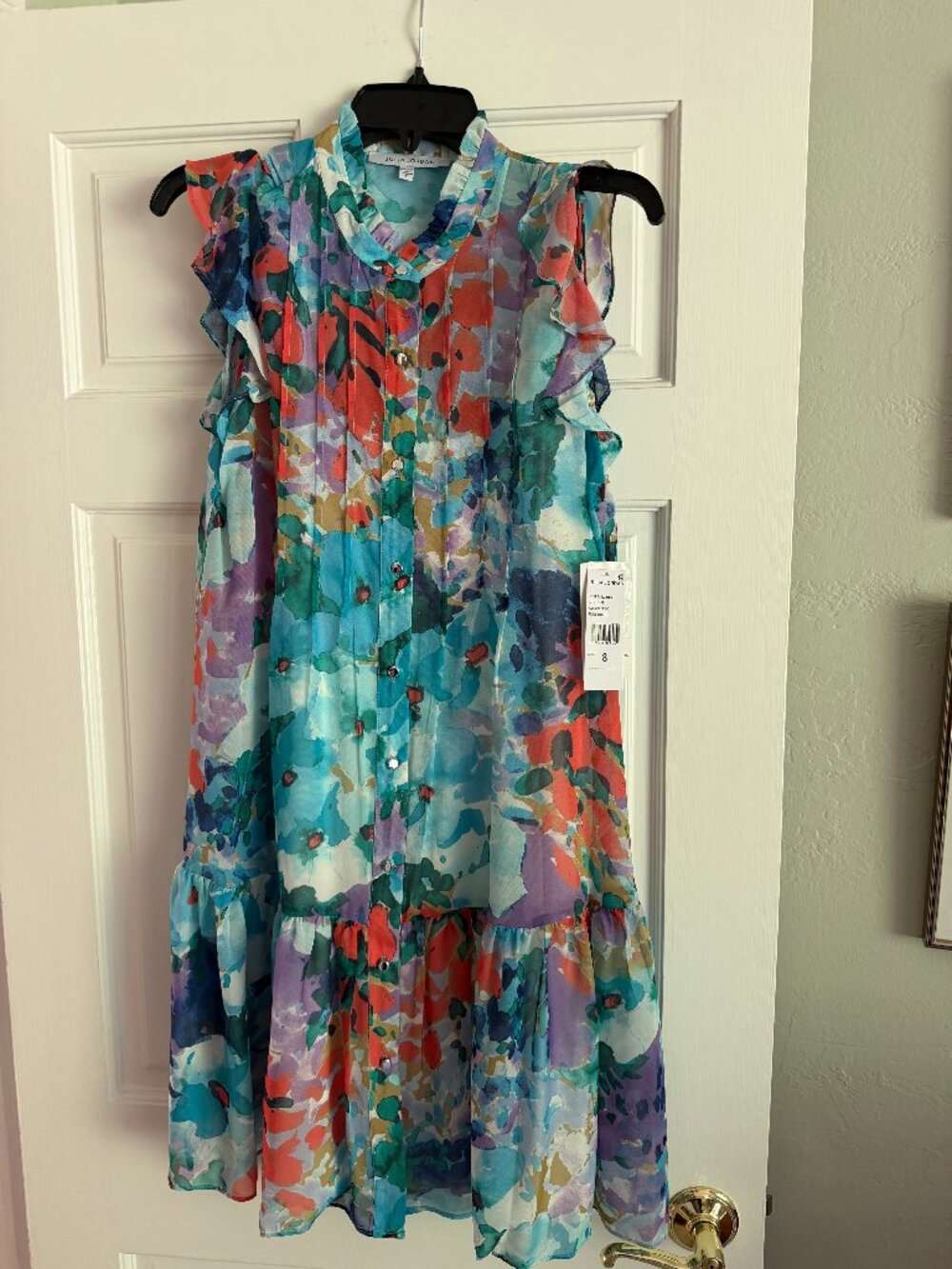 Sleeveless Aqua Floral Georgette Dress with Ruffles, Size 8, NWT